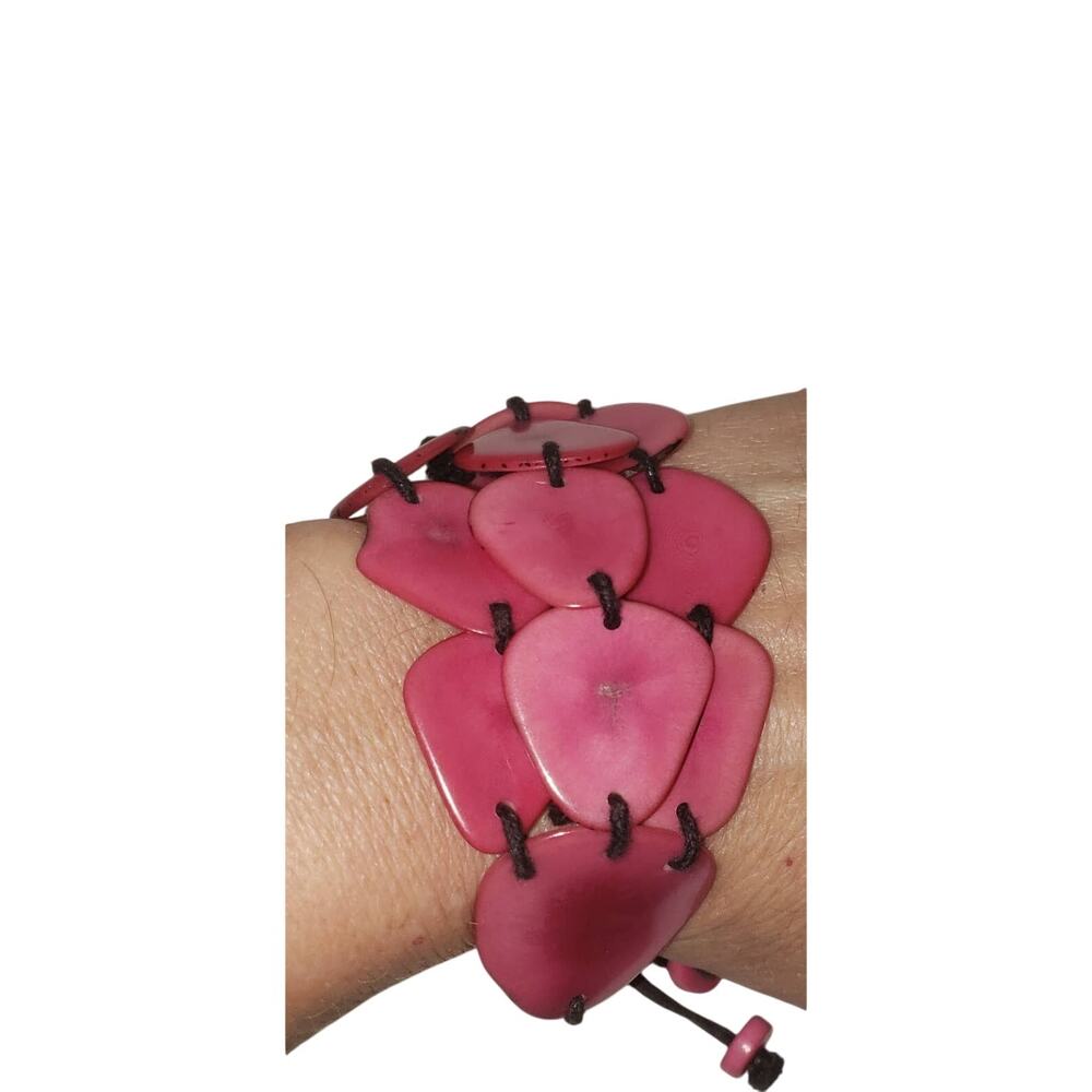 Tagua Nut Pink Waterfall Statement Bracelet 3 Strand Vegetable Ivory Chunky